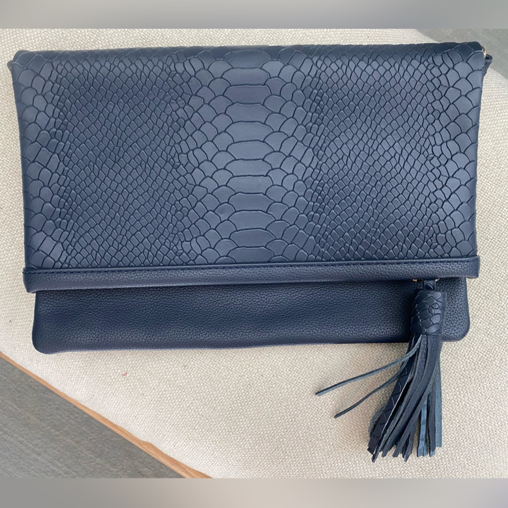 Blue faux leather clutch